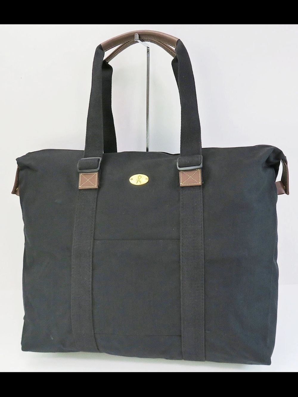 Roberta di Camerino Black Canvas Tote with Brown Trim and Gold Plaque